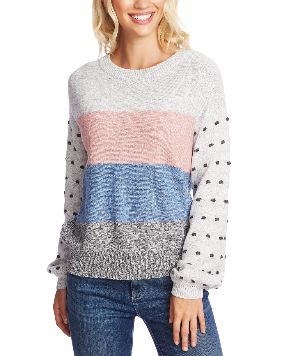 CeCe Women's Marled Stripe & Bobble Stitch Sweater Beige Charcoal Size Large