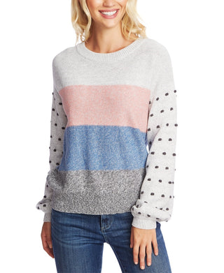 CeCe Women's Marled Stripe & Bobble Stitch Sweater Beige Charcoal Size Large