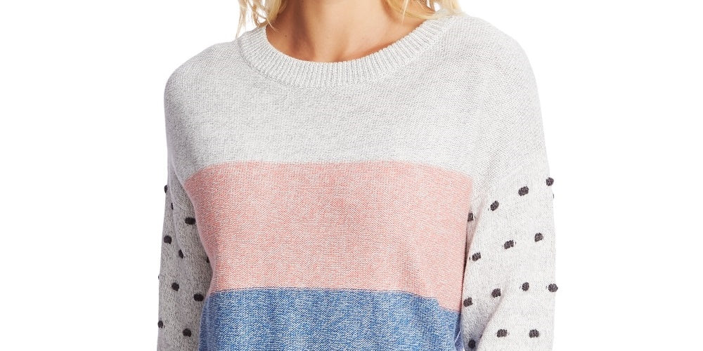 CeCe Women's Marled Stripe & Bobble Stitch Sweater Beige Charcoal Size Large