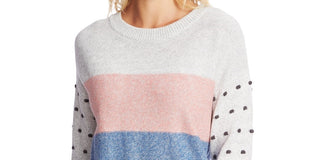 CeCe Women's Marled Stripe & Bobble Stitch Sweater Beige Charcoal Size Large