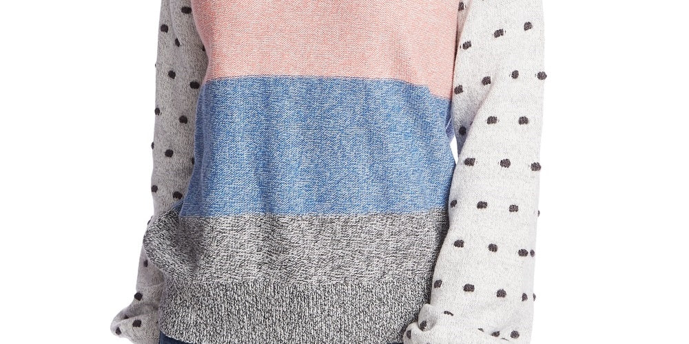 CeCe Women's Marled Stripe & Bobble Stitch Sweater Beige Charcoal Size Large