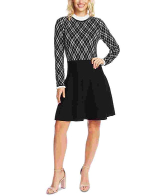 Cece Women’s Ruffled Collar Jacquard Fit & Flare Sweater Dress Black Size Large