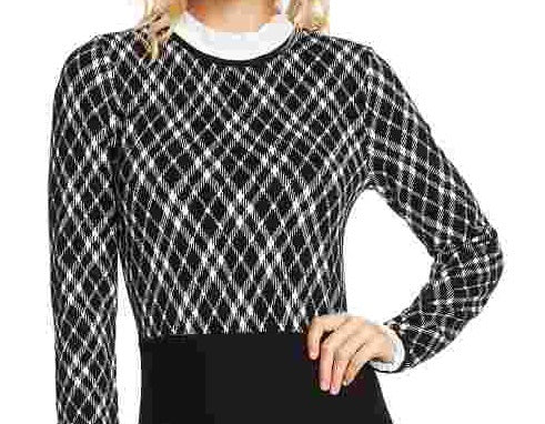 Cece Women’s Ruffled Collar Jacquard Fit & Flare Sweater Dress Black Size Large