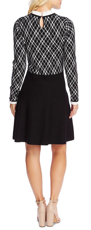 Cece Women’s Ruffled Collar Jacquard Fit & Flare Sweater Dress Black Size Large