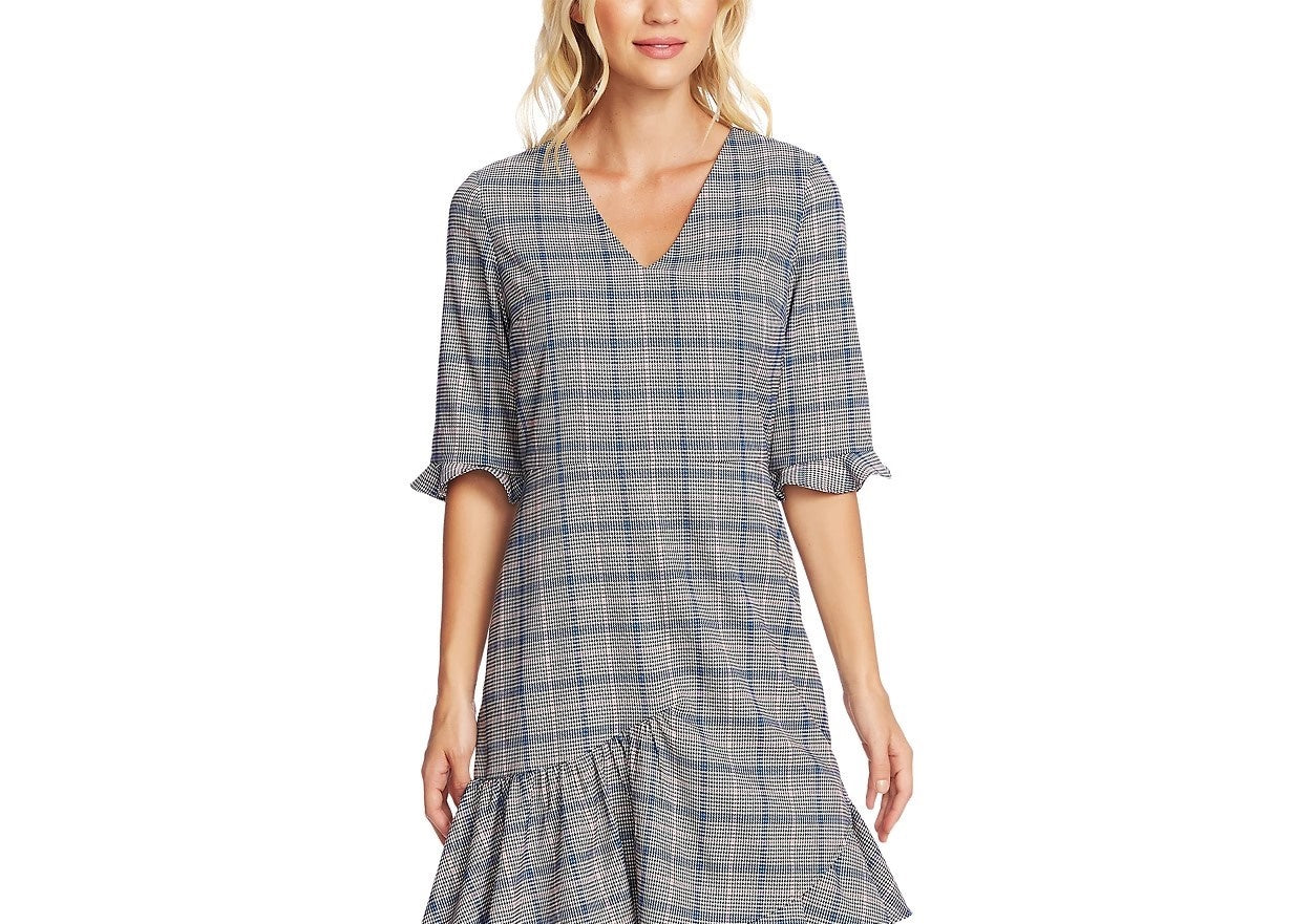 CeCe Women's Plaid V-Neck Flounce Dress Gray Size 10