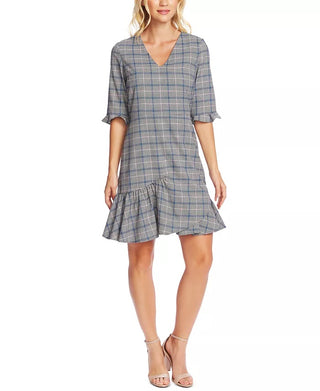 CeCe Women's Plaid V-Neck Flounce Dress Gray Size 8