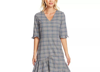 CeCe Women's Plaid V-Neck Flounce Dress Gray Size 8