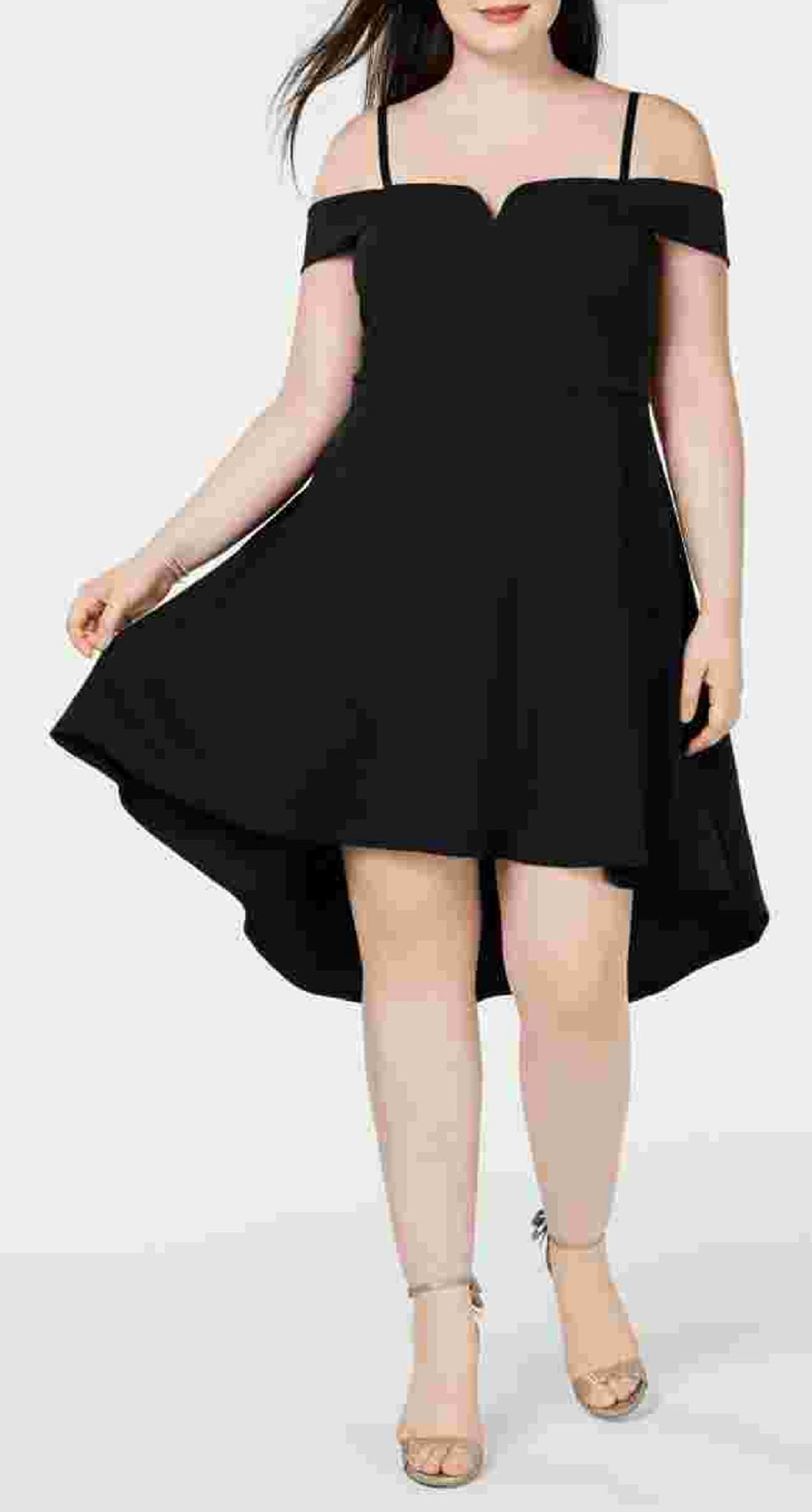 City Studios Women's Black Spaghetti Strap Off Shoulder Above The Knee Fit + Flare Party Dress  Size Black Size 14W