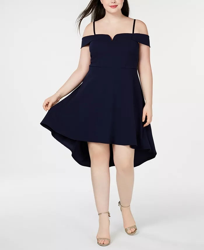 City Studios Women's Spaghetti Strap Off Shoulder Above The Knee Fit Flare Party Dress Black Size 20W