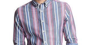 Tommy Hilfiger Men's Striped Stretch Shirt Gray Size Small
