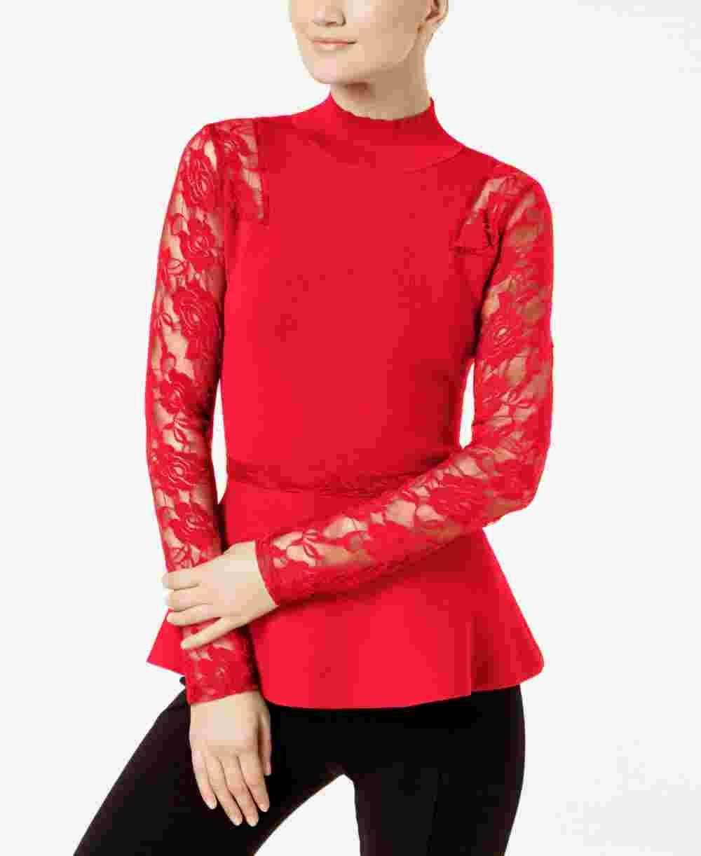 INC International Concepts Women's Lace Peplum Top Red Size Petite Large