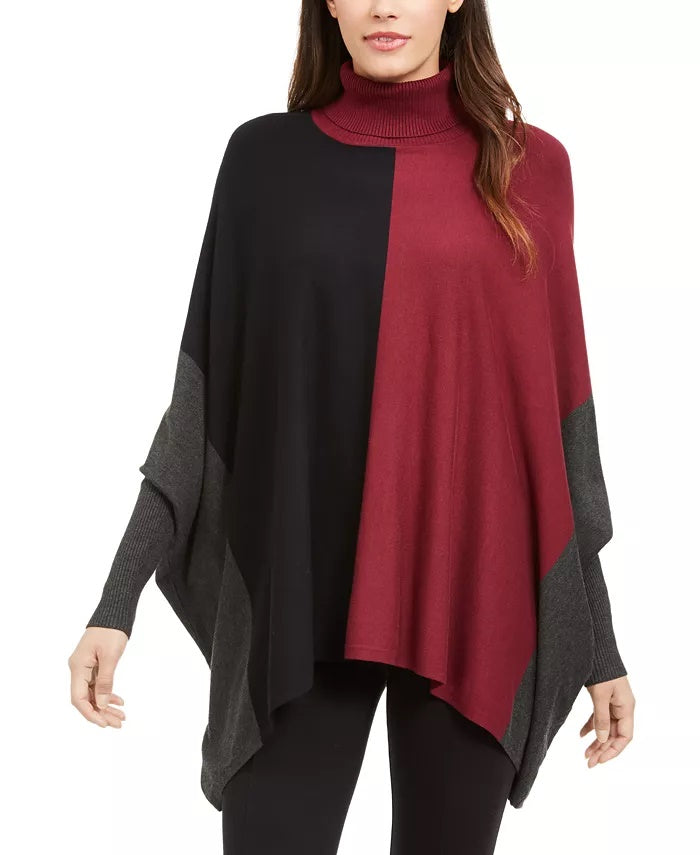 Alfani Women's Petite Turtleneck Colorblock Poncho Sweater Dark Red Size Medium