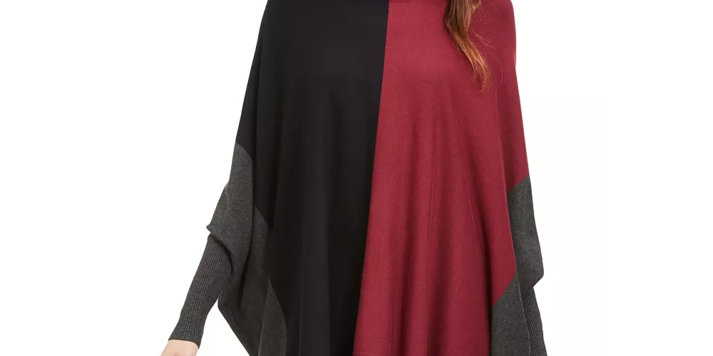 Alfani Women's Petite Turtleneck Colorblock Poncho Sweater Dark Red Size Medium