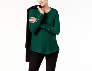Alfani Women's Ribbed Snap-Detail Sweater Dark Green Size Medium