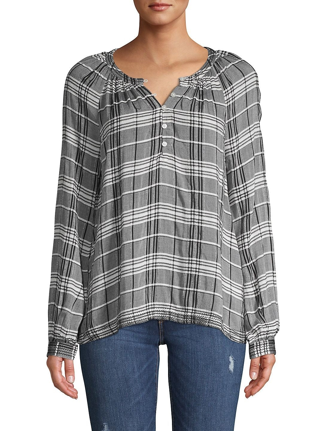 Lucky Brand Women's Plaid Long Sleeve With Buttons Blouse Top Black Size X-Large