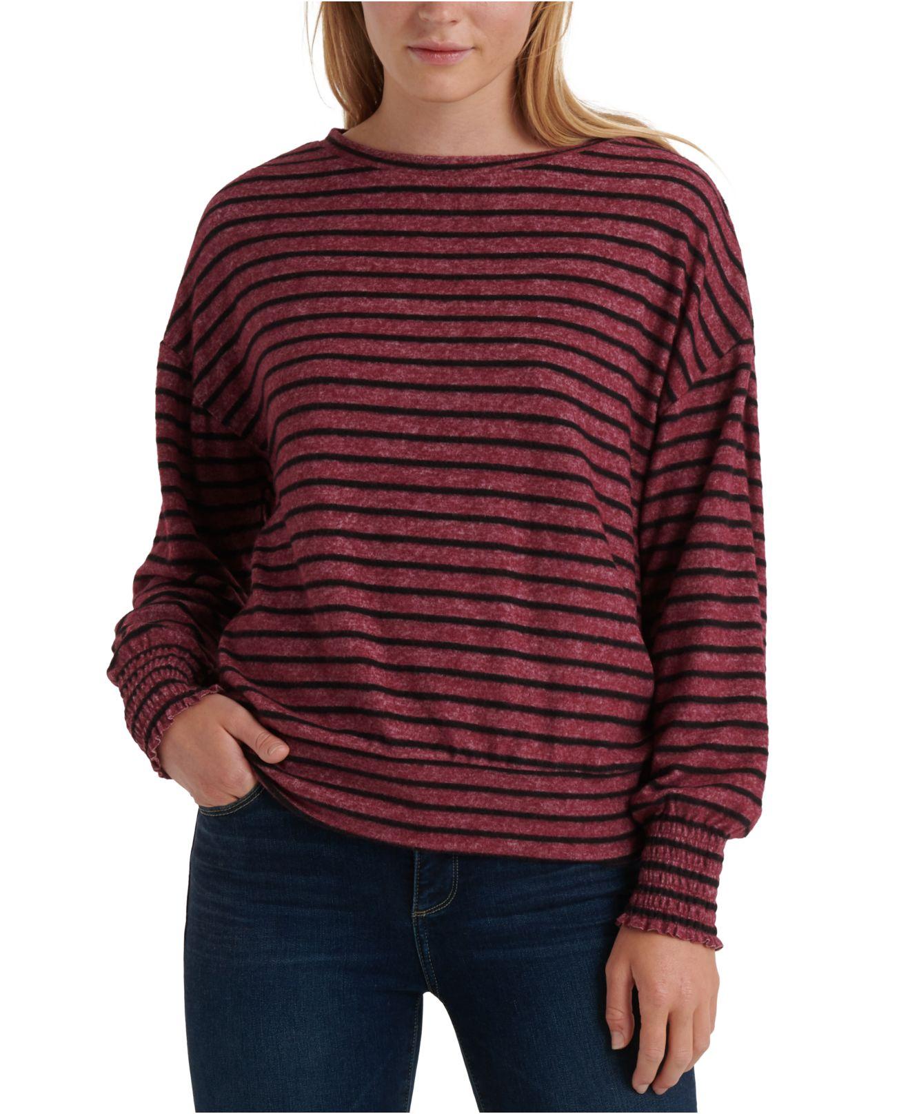 Lucky Brand Women's Striped Smocked-Cuff Sweatshirt Red Size Small