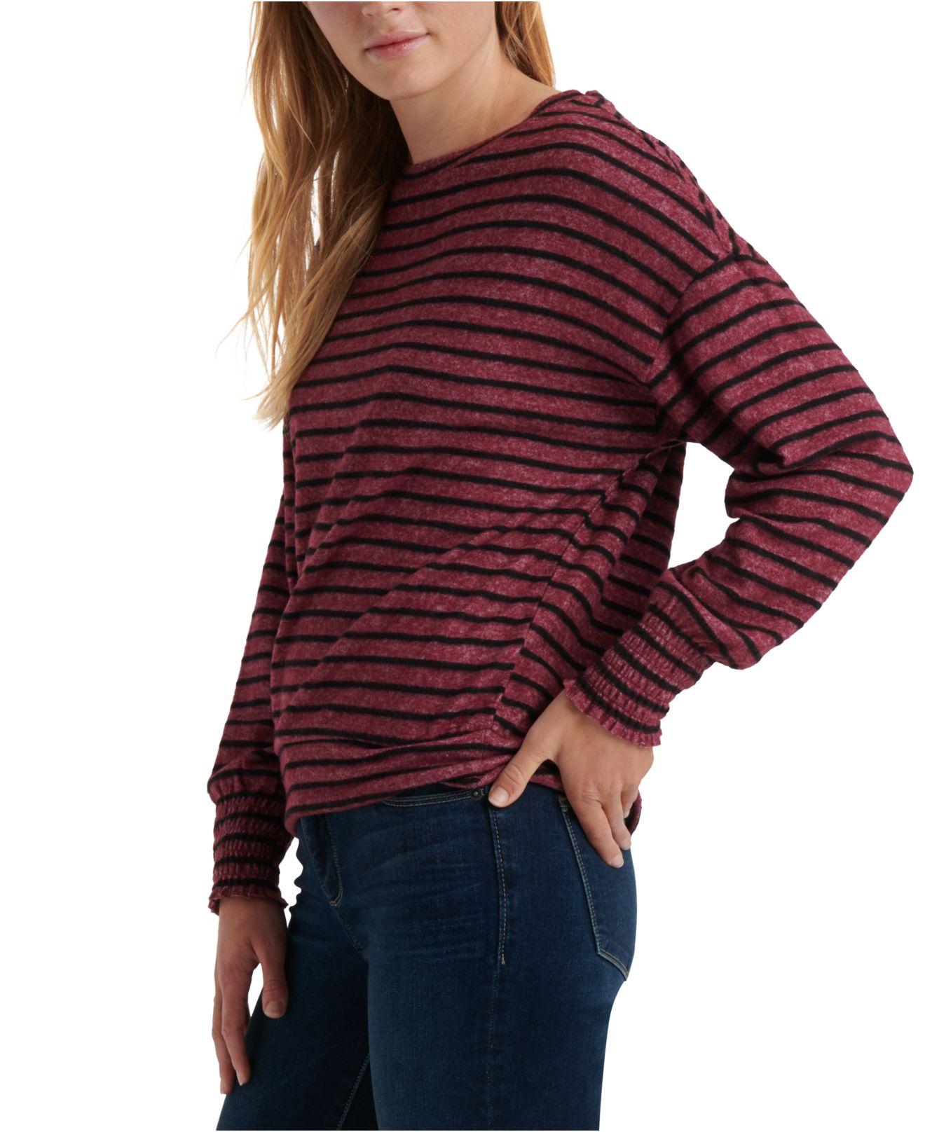 Lucky Brand Women's Striped Smocked-Cuff Sweatshirt Red Size Small