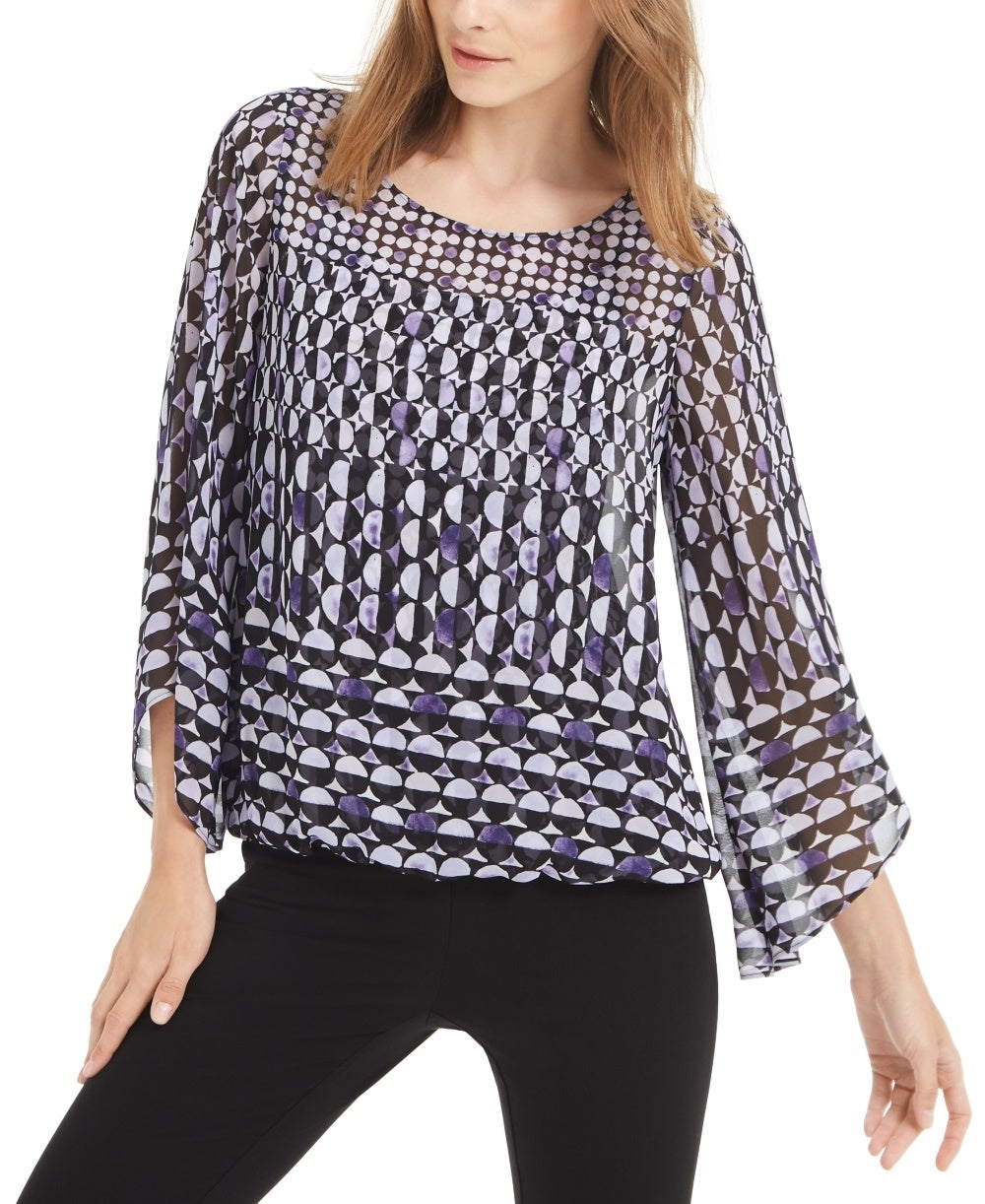 Alfani Women's Printed Angel Sleeve Top Purple Size Petite Small