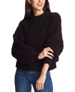1.STATE Women's Mock-Neck Poodle-Textured Sweater Black Size Extra Large