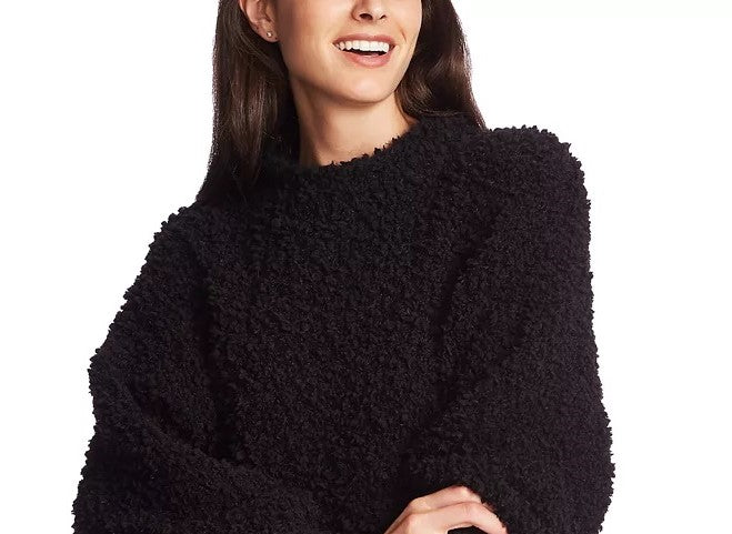 1.STATE Women's Mock-Neck Poodle-Textured Sweater Black Size Extra Large