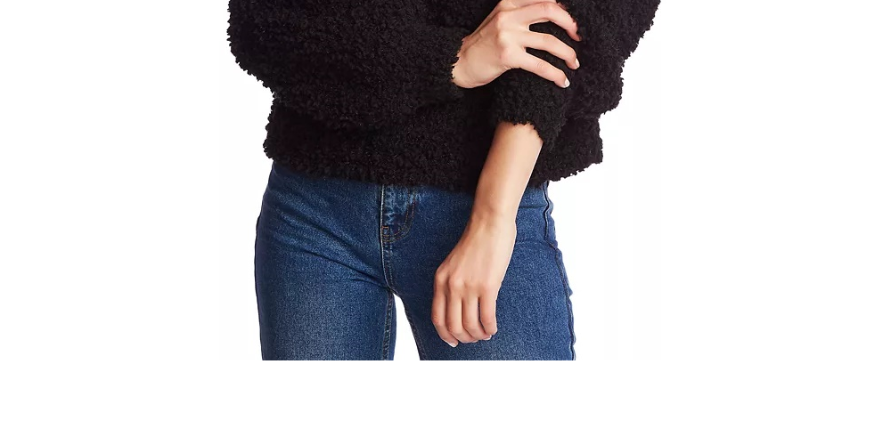1.STATE Women's Mock-Neck Poodle-Textured Sweater Black Size Extra Large