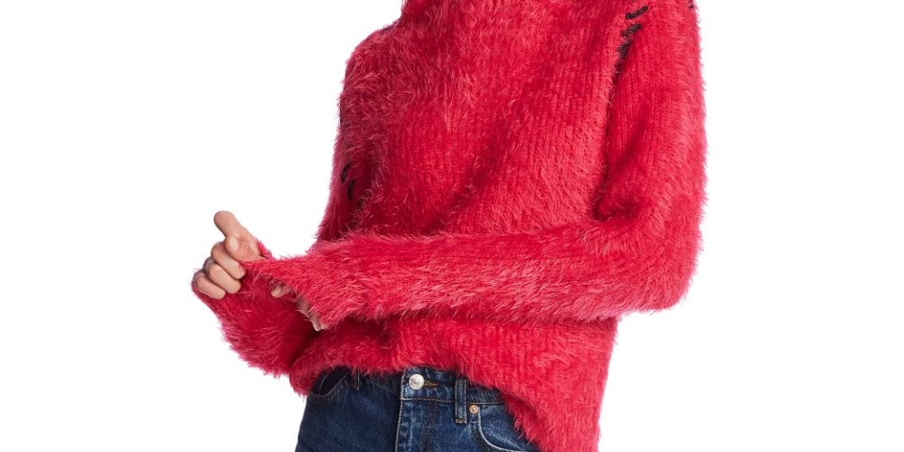 1.STATE Women's Eyelash Fringe Mockneck Sweater Pink