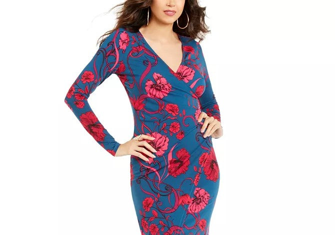 Thalia Sodi Women's Floral-Print Crossover Dress  Blue Size Medium