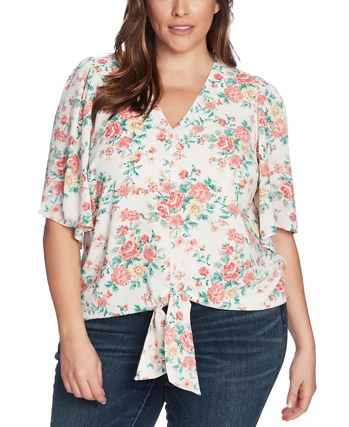 1.STATE Women's Trendy Plus Floral Print Tie Front Top Brown