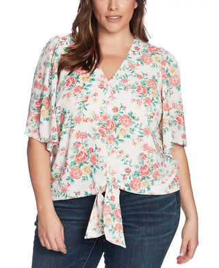 1.STATE Women's Trendy Plus Floral Print Tie Front Top Brown