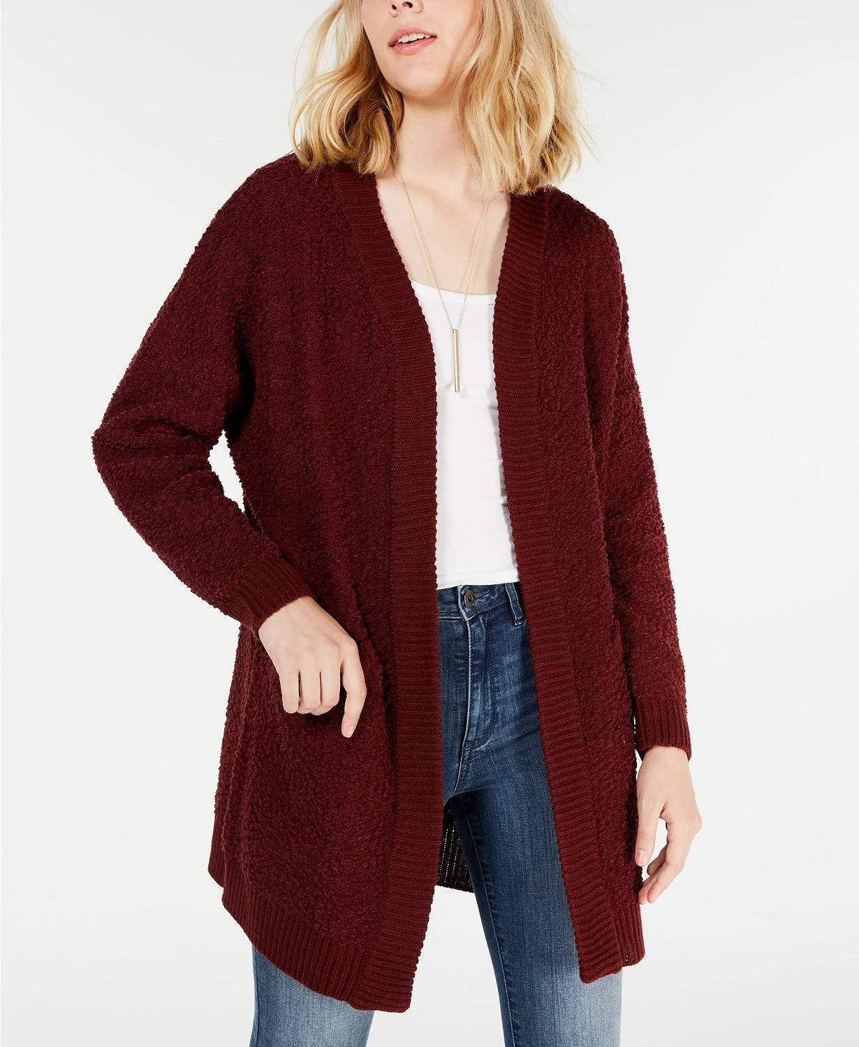 Say What? Junior's Open Front Textured Cardigan Red Size Medium