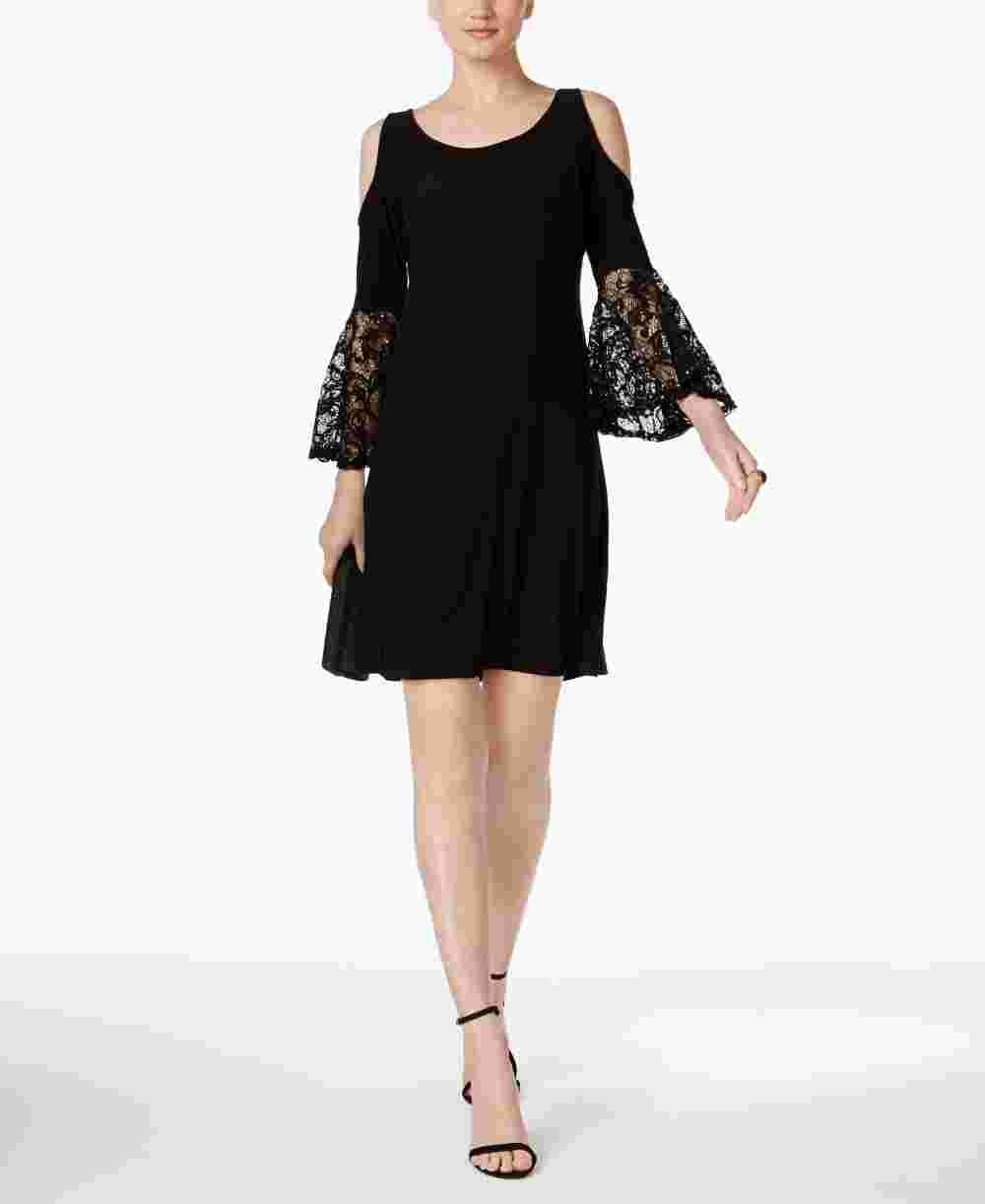 R&M Richards Women's Black Cold Shoulder Lace Bell Sleeve Scoop Neck Above The Knee Shift Cocktail Dress Black Size 12 Petite