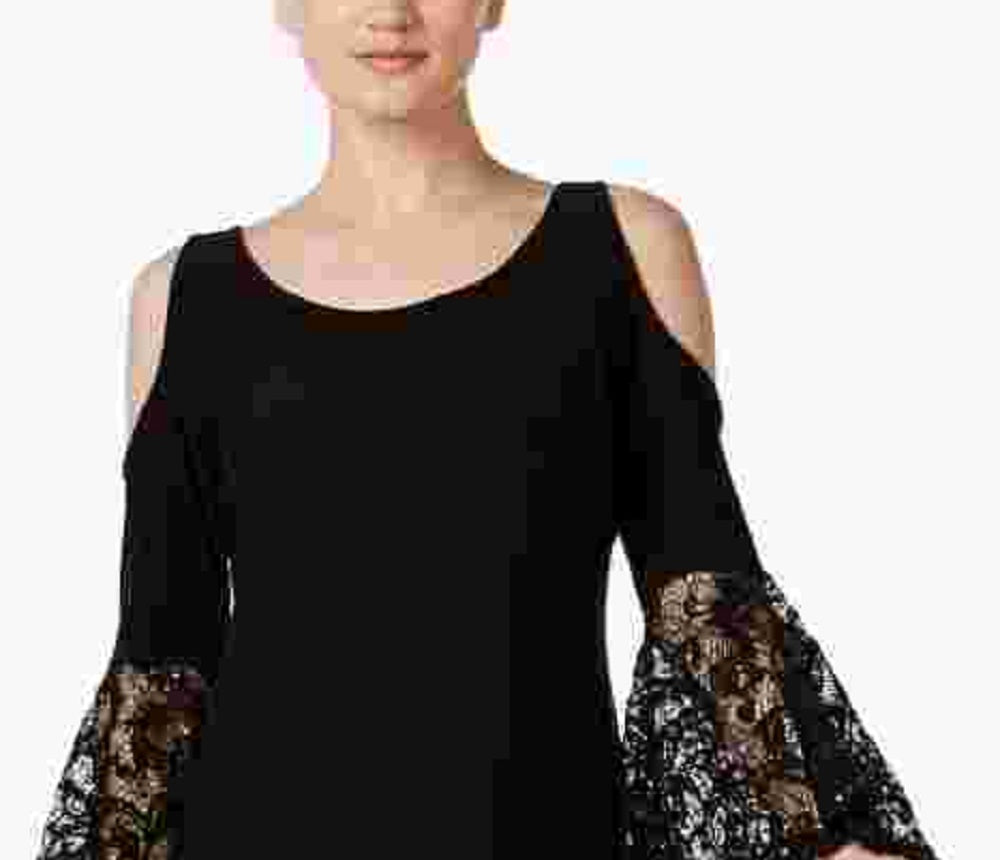 R&M Richards Women's Black Cold Shoulder Lace Bell Sleeve Scoop Neck Above The Knee Shift Cocktail Dress Black Size 12 Petite