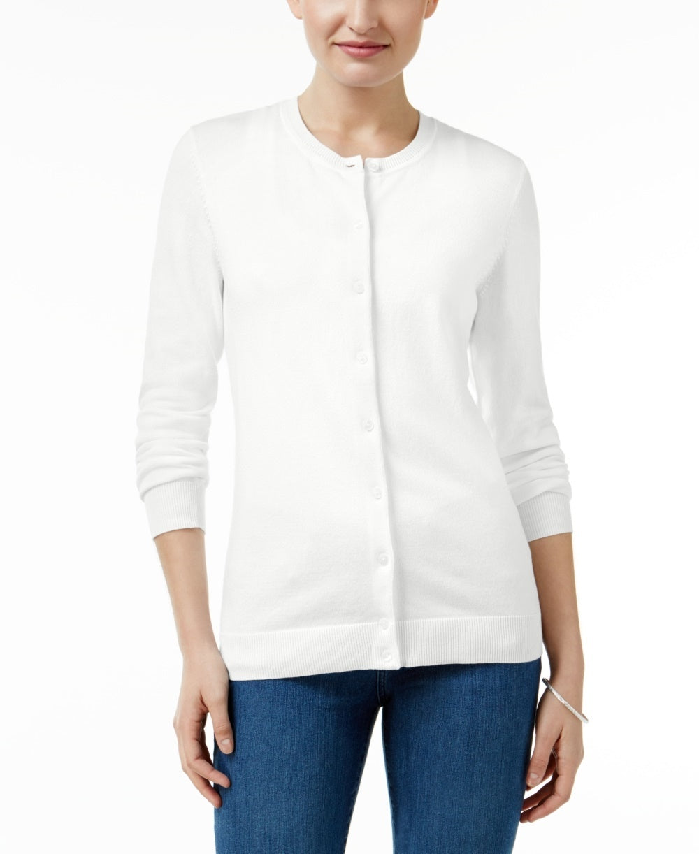 Karen Scott Women's Crew Neck Cardigan White Size Petite L