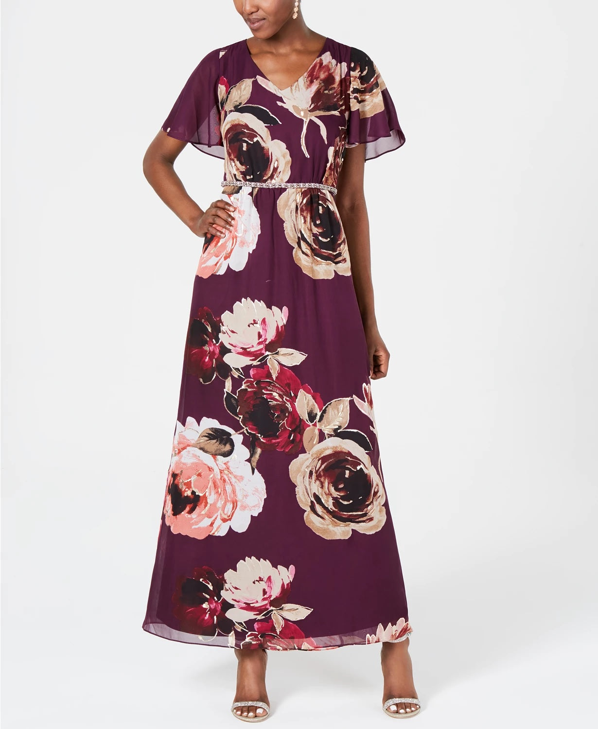 SL Fashions Women's Floral Print Embellished Maxi Dress Purple Size 14