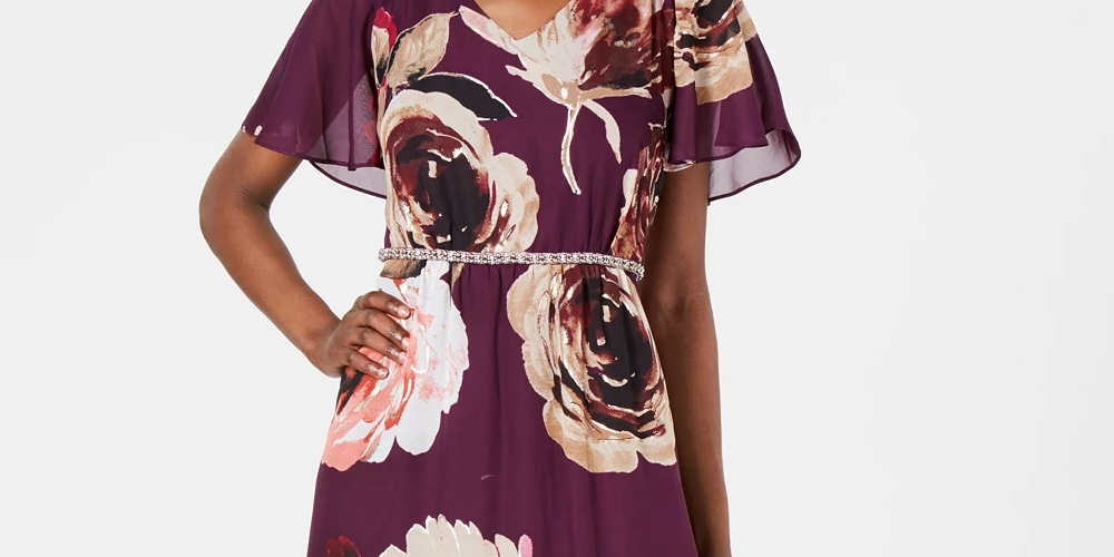 SL Fashions Women's Floral Print Embellished Maxi Dress Purple Size 14