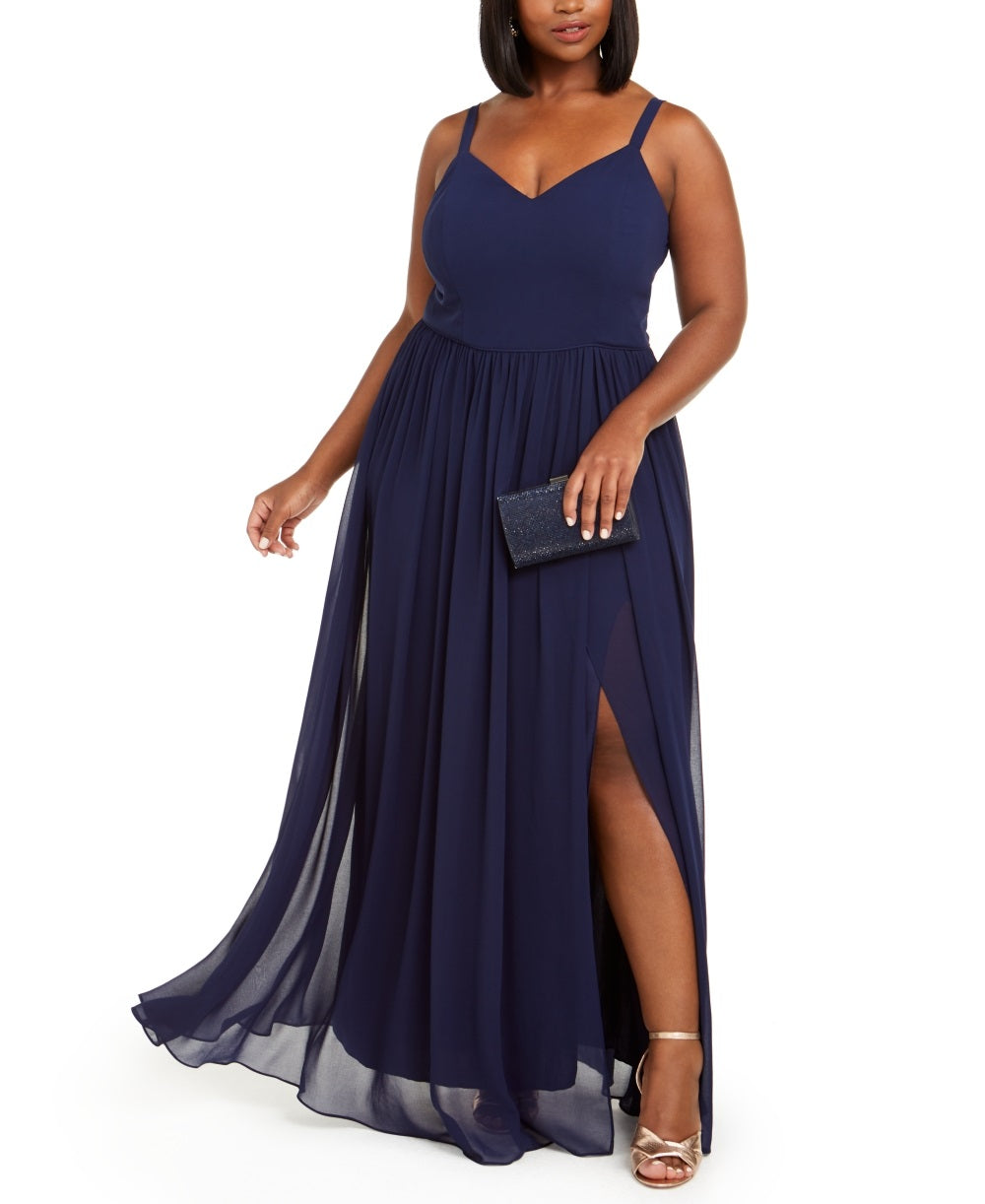 City Studios Women's Trendy Plus Chiffon Slit Gown Blue Size 20W