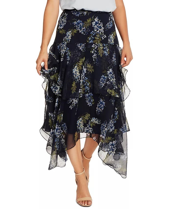 Vince Camuto Women's Petite Floral-Print Asymmetrical Skirt Blue Size 14 P