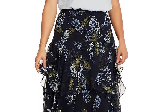 Vince Camuto Women's Petite Floral-Print Asymmetrical Skirt Blue Size 14 P