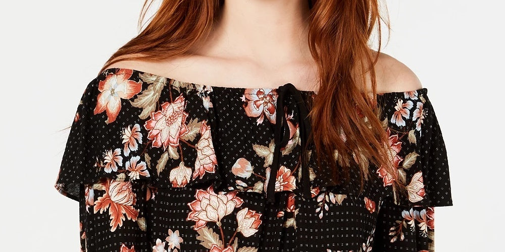 American Rag Juniors'' Printed Off-The-Shoulder Top Black Size Medium