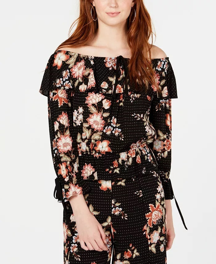 American Rag Juniors'' Printed Off-The-Shoulder Top Black Size X-Small