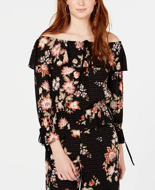 American Rag Juniors'' Printed Off-The-Shoulder Top Black Size X-Small