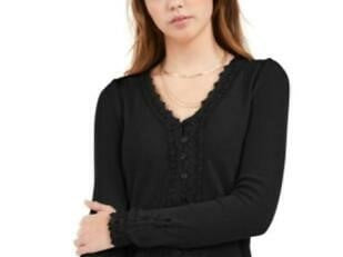 American Rag Junior's Lace Trimmed Button Front Top Black Size Medium