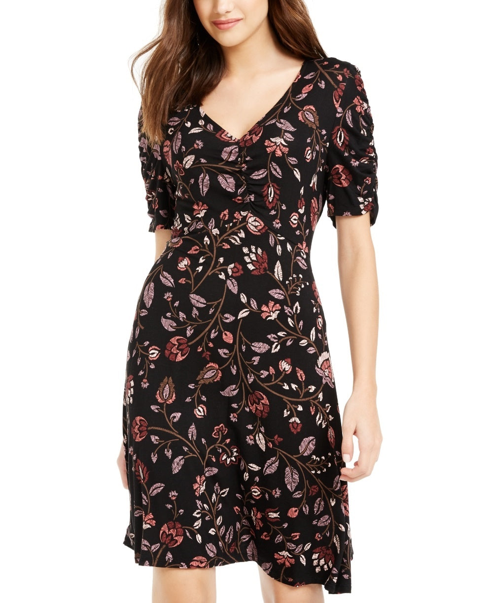 American Rag Juniors'' Printed Ruched-Sleeve A-Line Dress Black Size Small