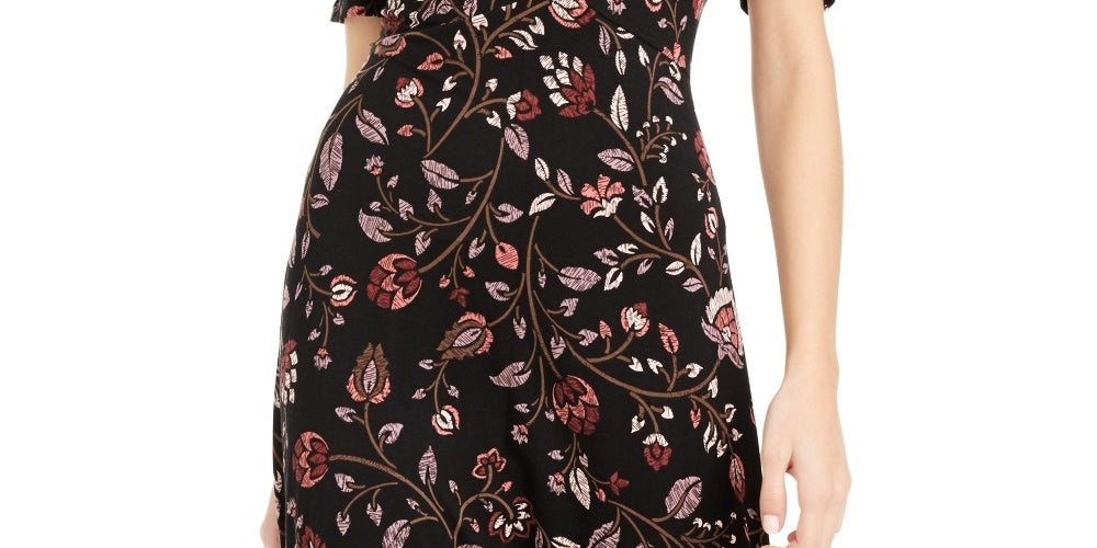 American Rag Juniors'' Printed Ruched-Sleeve A-Line Dress Black Size Small