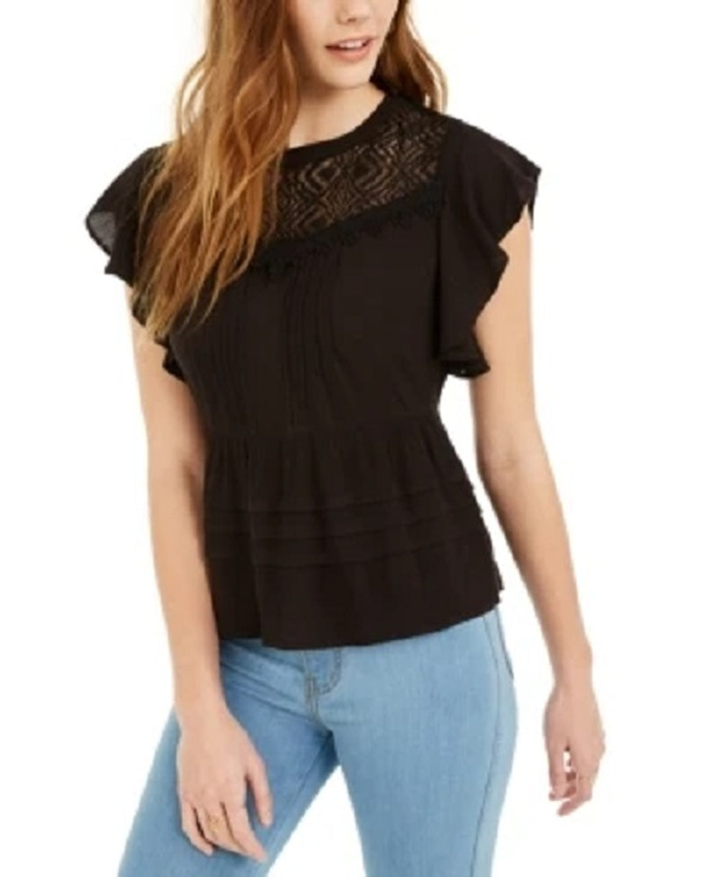 American Rag Junior's Lace Trimmed Flutter Sleeve Top Black Size Small