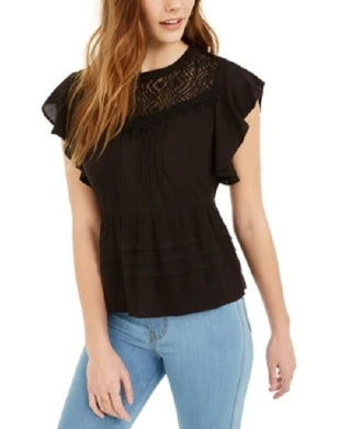 American Rag Junior's Lace Trimmed Flutter Sleeve Top Black Size Small