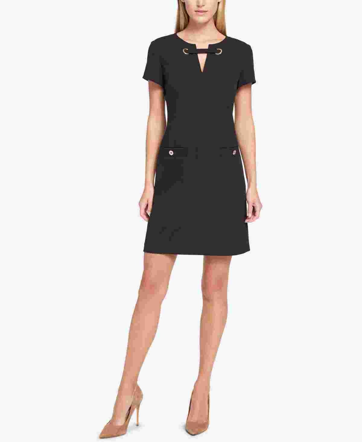 Tommy Hilfiger Women's Scuba Crepe Grommet Top Pocket Dress Black Size 12