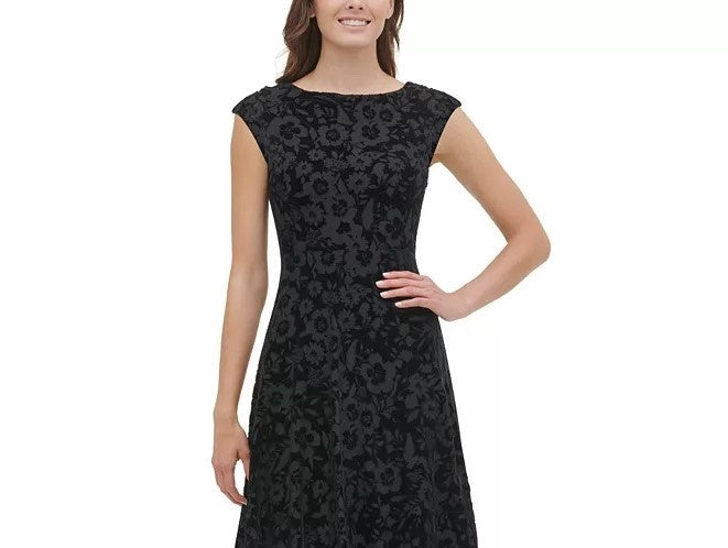 Tommy Hilfiger Women's Cap-Sleeve Velvet Burnout Dress Black Size 10