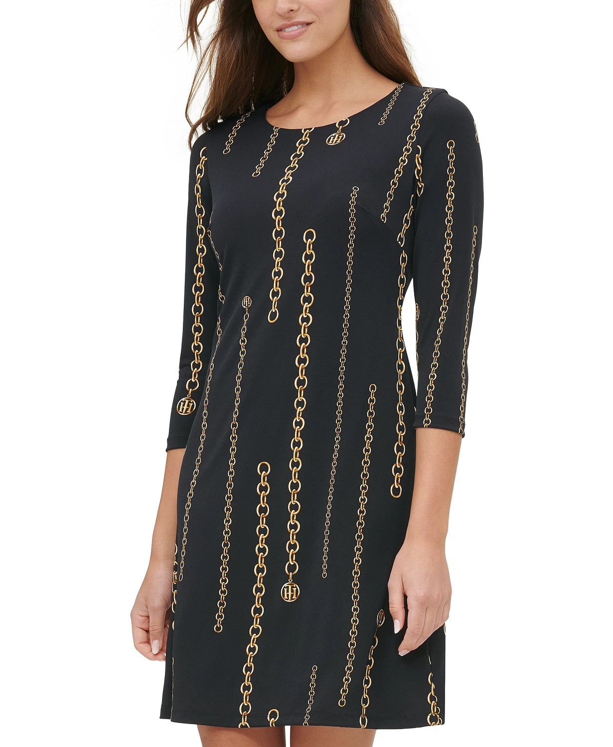 Tommy Hilfiger Women's Chain-Print Jersey Dress Gray Size 14