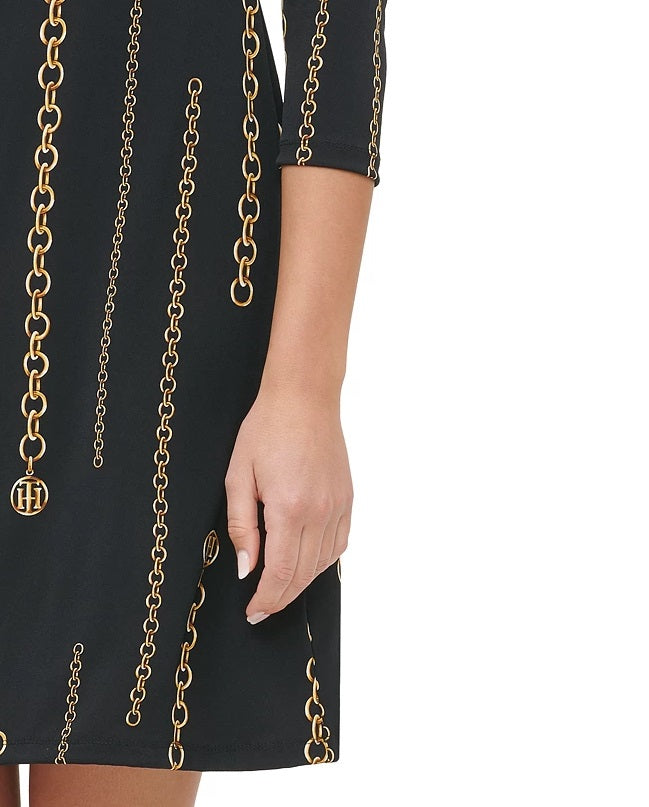 Tommy Hilfiger Women's Chain-Print Jersey Dress Gray Size 14